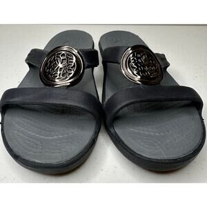 Crocs Sanrah Womens Size 7 Black Graphite Bronze Circle Slide Sandel Flip Flop